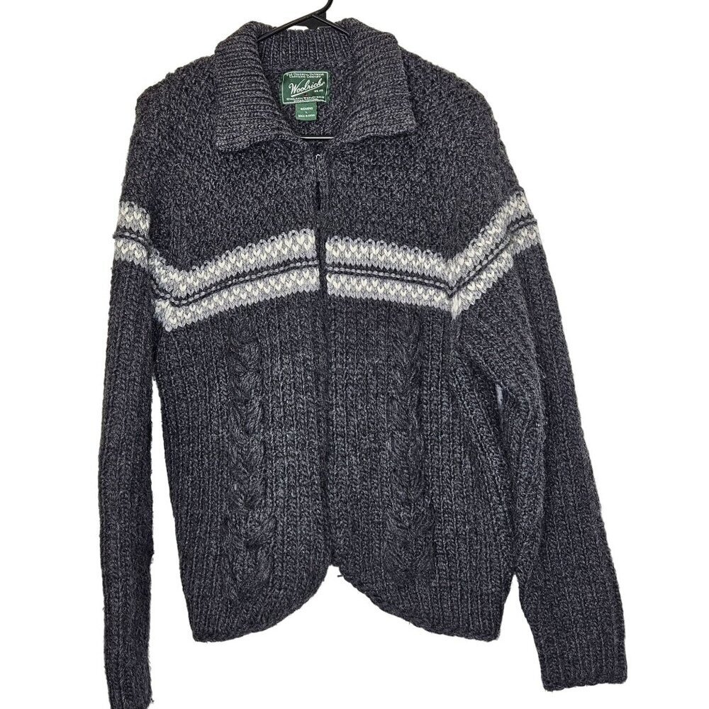 Woolrich Womens Onyx Heather Wool Lambswool Cable Knit Sweater Jacket L Cabin‎